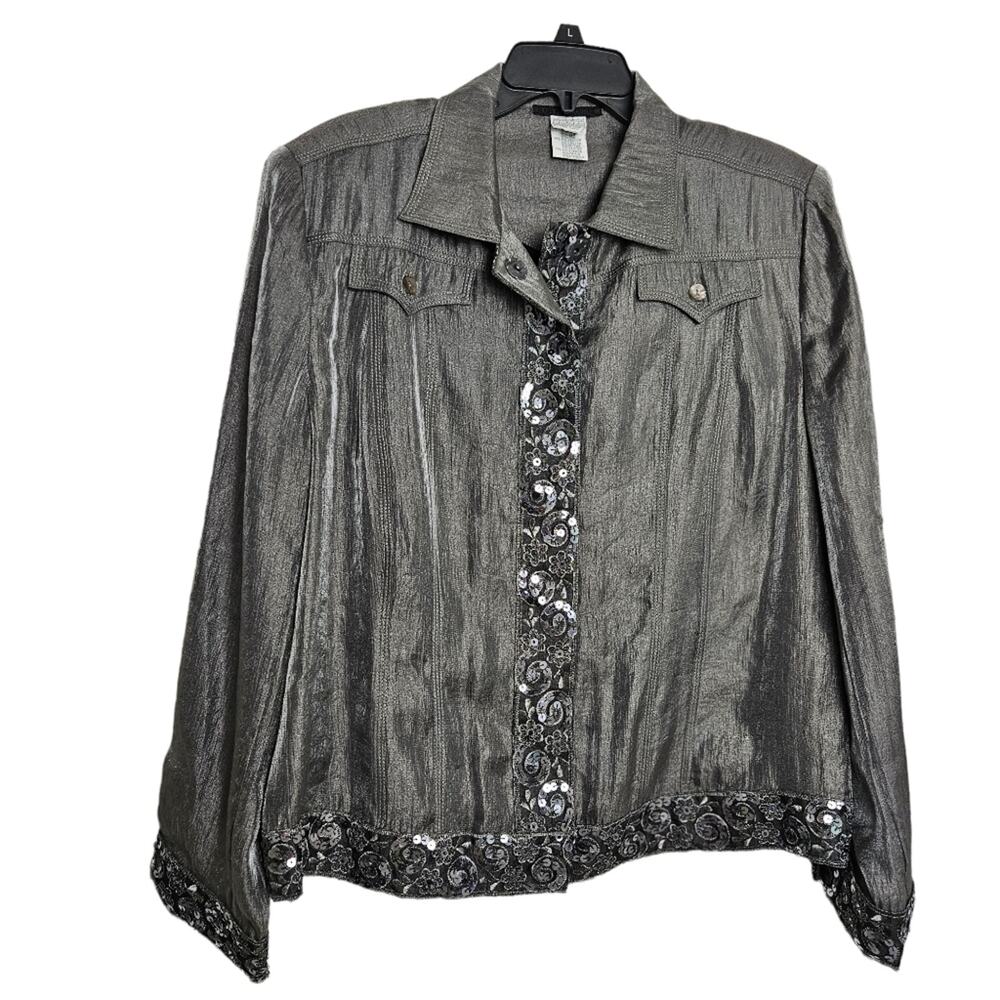 Alain Weiz Womens Gray Shimmer Jacket with Sequin Detail Size 18 Glam Bling